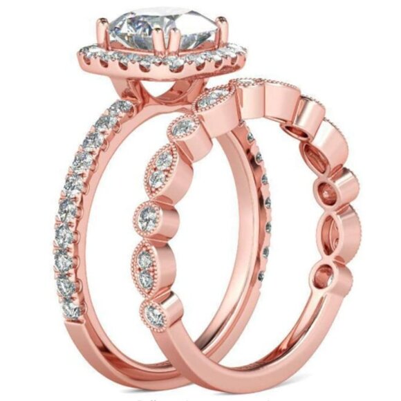 Rose Gold Bridal Set Zircon Wedding Engagement Couple Stacking Ring Set - Picture 4 of 4